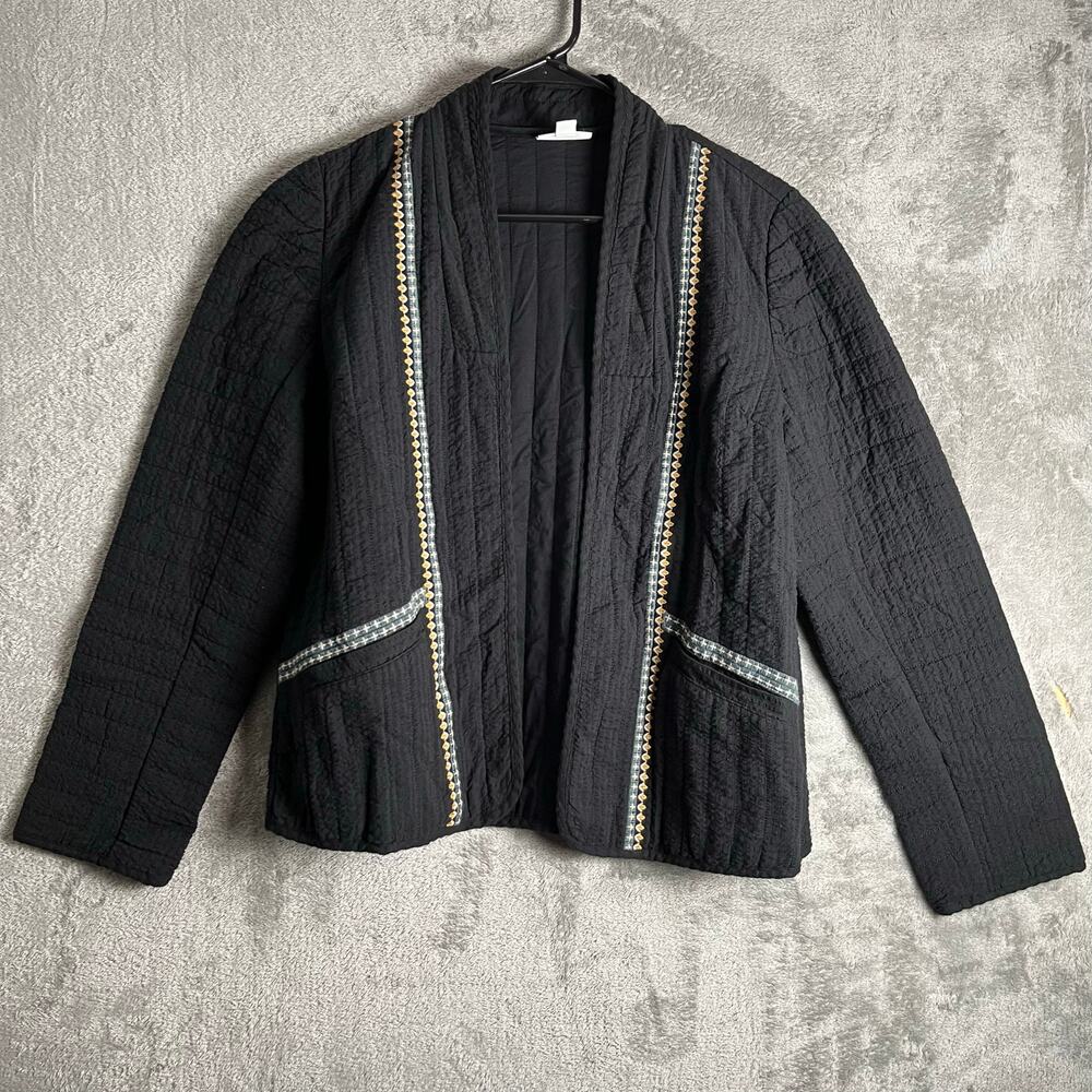J. Jill Black Quilted Seersucker Jacket Embroidered Trim Pockets Boho Chic‎ XS